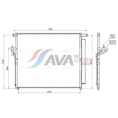 Kuva AVA COOLING SYSTEMS FD5706D Ilmastoinnin Lauhdutin Vedenerottimella 15,5mm 10,2mm Alumiini 525mm R134a FORD: Ranger Mk3 (TKE) 2.2 TDCi, TDCi 4x4