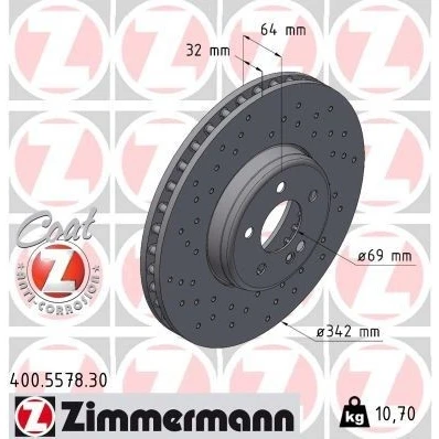 Kuva ZIMMERMANN jarrulevy 32mm 6/5 5 aukko 112mm tuuletettu sisältä, reijitetty, kaksiosainen pinnoitettu hiiliteräs 400.5578.30 2234210000