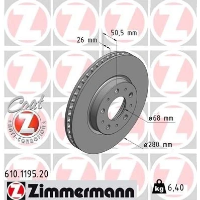 Kuva ZIMMERMANN COAT Z 610.1195.20 Jarrulevyt 280 26 10/5 5 108 tuuletettu sisältä pinnoitettu VOLVO: V70 I, C70 I Coupe, 850 Farmari