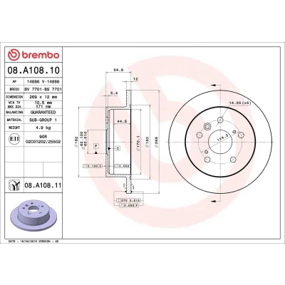 Kuva BREMBO 08.A108.10 Jarrulevyt 269 12 5 täysi TOYOTA: Camry V Sedan