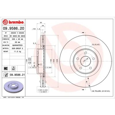 Kuva BREMBO COATED DISC LINE 09.9586.21 Jarrulevyt 336 28 5 tuuletettu sisältä pinnoitettu hiiliteräs FORD: Focus 2