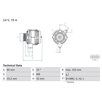 Kuva BOSCH 0 986 040 531 Laturi 14V 70A TOYOTA: Carina E Sedan, RAV4 I SUV, SUV Cabriolet