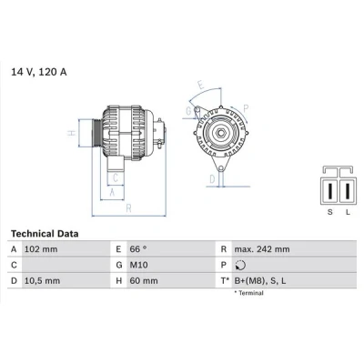 Kuva BOSCH 0 986 049 550 Laturi 14V 120A KIA: Sportage II, Cerato Sedan, HYUNDAI: Tucson, SANTA FE 2
