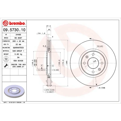 Kuva BREMBO 09.5730.10 Jarrulevyt 283 22 4 tuuletettu sisältä Ruuveilla CITROËN: Xsara Farmari, Hatchback, Coupe, PEUGEOT: 306 Hatchback