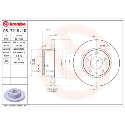Kuva BREMBO 08.7219.10 Jarrulevyt 276 22 5 täysi IVECO: DAILY 3 Kasten/Kombi