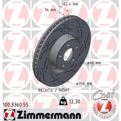 Kuva ZIMMERMANN Jarrulevy AUDI: A6 C7 Allroad 34mm 6/5 5 aukko 112mm tuuletettu sisältä, lovella pinnoitettu hiiliteräs 100.3360.55 4G0615301AC,4G0615301C