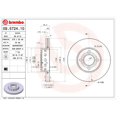 Kuva BREMBO 09.5724.10 Jarrulevyt 276 25 4 tuuletettu sisältä AUDI: 80 B4 Sedan, Coupe B3, Avant