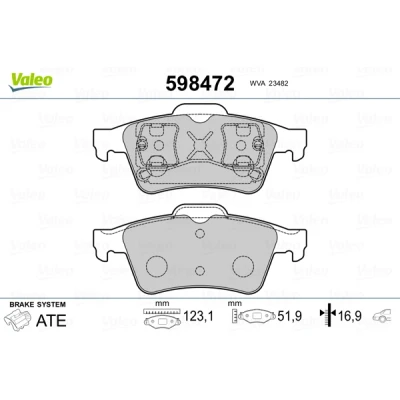 Kuva VALEO 598472 Jarrupalat Taka akseli Ilman kulumisenilmaisinta Huudonvaimennuspellillä OPEL: Vectra C Sedan, Corsa D Hatchback, Caravan