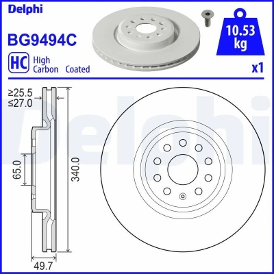 Kuva DELPHI Jarrulevy SKODA: Enyaq IV SUV 340mm 27mm 5 Tuuletettu pinnoitettu hiiliteräs BG9494C 1EA615301A Jarrulevyt