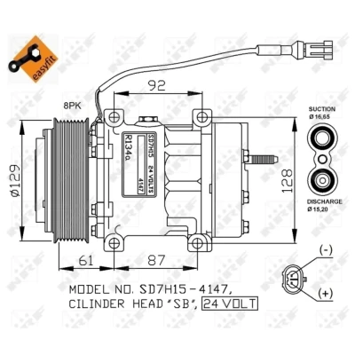 Kuva NRF 32780 Ilmastoinnin Kompressori SD7H15 24 PAG 100 kompressoriöljyllä, Tiivisterenkaalla