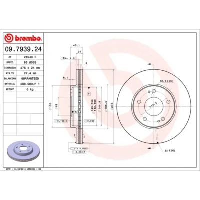 Kuva BREMBO 09.7939.24 Jarrulevyt 276 24 5 tuuletettu sisältä MITSUBISHI: Sigma Sedan, ECLIPSE 2