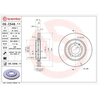 Kuva BREMBO 09.C548.11 Jarrulevyt 254 22 5 tuuletettu sisältä pinnoitettu hiiliteräs Ruuveilla VOLKSWAGEN: Polo V Hatchback
