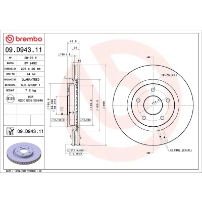 Kuva BREMBO 09.D943.11 Jarrulevyt 296 26 5 tuuletettu sisältä pinnoitettu