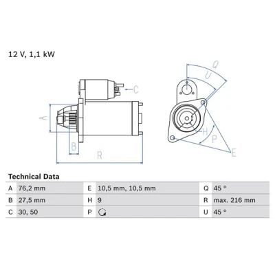 Kuva BOSCH 0 986 018 110 Starttimoottori 12V 1,1kW 9 50, 30 rechts 76,2mm