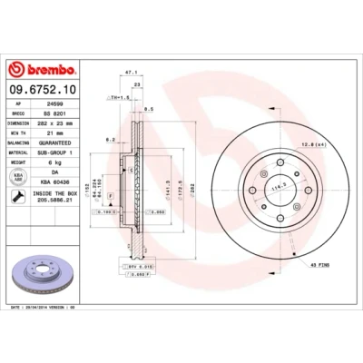 Kuva BREMBO 09.6752.10 Jarrulevyt 282 23 4 tuuletettu sisältä Ruuveilla HONDA: PRELUDE 4, CIVIC 6 Aerodeck, Fastback