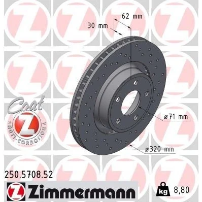 Kuva ZIMMERMANN Jarrulevy 30mm 5/5 5 aukko 114mm Tuuletettu, ulko, reijitetty pinnoitettu 250.5708.52 2032485,2215263,GR3C1125FA,GR3Z1125K Jarrulevyt