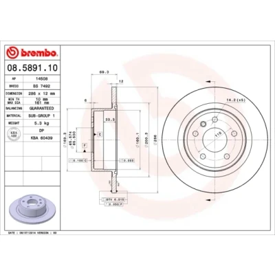 Kuva BREMBO 08.5891.10 Jarrulevyt 286 12 5 täysi OPEL: Omega B Sedan, Caravan