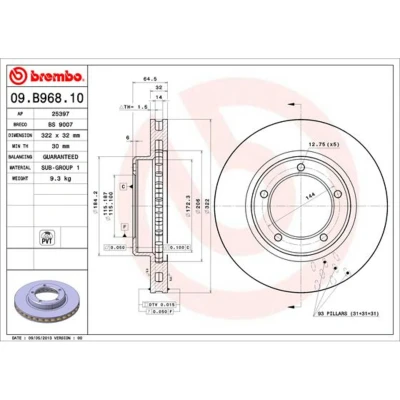 Kuva BREMBO COATED DISC LINE 09.B968.11 Jarrulevyt 322 32 5 tuuletettu sisältä pinnoitettu TOYOTA: Land Cruiser 100