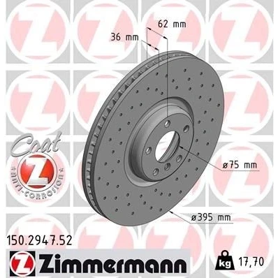 Kuva ZIMMERMANN SPORT COAT Z 150.2947.52 Jarrulevyt 395 36 6/5 5 120 tuuletettu sisältä, reijitetty pinnoitettu hiiliteräs BMW: X5, X6