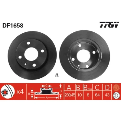 Kuva TRW DF1658 Jarrulevyt 239 10 4 108 täysi Lakattu Ruuveilla FORD: FIESTA 4, 3