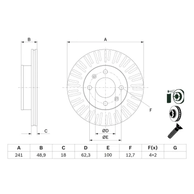 Kuva BOSCH 0 986 479 E73 Jarrulevyt 241 18 4 100 Tuuletettu pinnoitettu Ruuveilla KIA: Picanto II, I, HYUNDAI: i10 II Hatchback