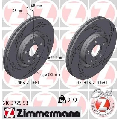 Kuva ZIMMERMANN Jarrulevy VOLVO: V90 II Farmari, S90 II, XC40 28mm 6/5 5 aukko 108mm tuuletettu sisältä, lovella pinnoitettu 610.3725.53 31423724,31471413
