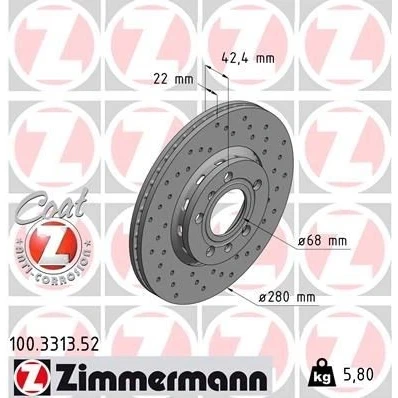 Kuva ZIMMERMANN SPORT COAT Z 100.3313.52 Jarrulevyt 280 22 7/5 5 112 Tuuletettu, ulko, reijitetty pinnoitettu hiiliteräs AUDI: A8 D3