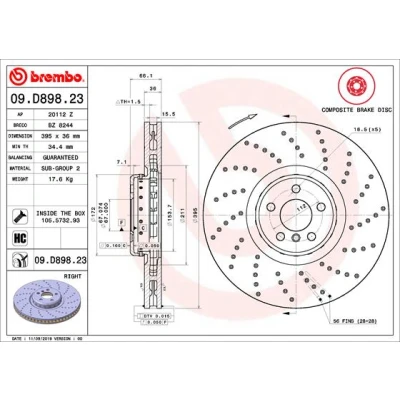 Kuva BREMBO 09.D898.23 Jarrulevyt 395 36 5 rei&#039;itetty/tuuletettu sisältä, kaksiosainen jarrulevy pinnoitettu hiiliteräs Ruuveilla BMW: Sedan, Touring
