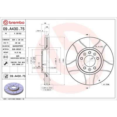 Kuva BREMBO 09.A430.75 Jarrulevyt 304 28 5 tuuletettu sisältä, lovella pinnoitettu Ruuveilla CITROËN: Jumpy II MPV, C5 3, III Farmari