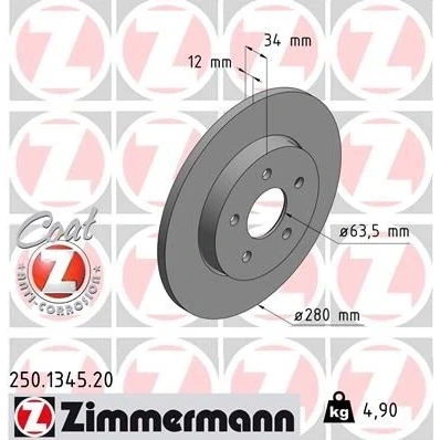 Kuva ZIMMERMANN COAT Z 250.1345.20 Jarrulevyt 280 12 5/5 5 108 täysi pinnoitettu FORD: MONDEO 3 Kombi, 3, Stufenheck, JAGUAR: X Type Sedan