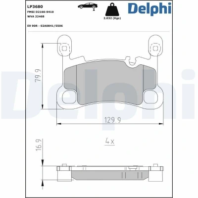 Kuva DELPHI LP3680 Jarrupalat Kulumisenilmaisemelle Huudonvaimennuspellillä Ilman tarvikkeita PORSCHE: Cayenne Coupe
