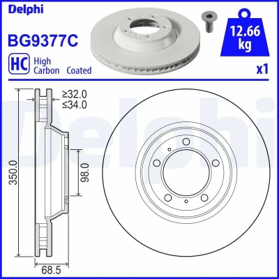 Kuva DELPHI Jarrulevy 350mm 34mm 5 Tuuletettu pinnoitettu hiiliteräs BG9377C 971615302,9Y0615302 Jarrulevyt