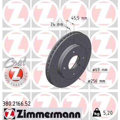 Kuva ZIMMERMANN SPORT COAT Z 380.2166.52 Jarrulevyt 256 24 4/4 4 114 Tuuletettu, ulko, reijitetty pinnoitettu hiiliteräs MITSUBISHI: COLT 6
