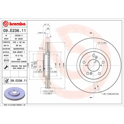 Kuva BREMBO 09.E236.11 Jarrulevyt 330 28 5 tuuletettu sisältä pinnoitettu Ruuveilla