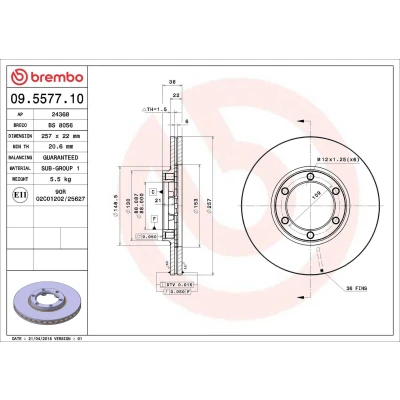Kuva BREMBO 09.5577.10 Jarrulevyt 257 22 6 tuuletettu sisältä ISUZU: D Max 1 Pickup, Trooper I SUV, Campo, OPEL: Frontera A Sport SUV Cabriolet