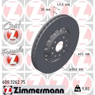Kuva ZIMMERMANN jarrulevy VOLKSWAGEN: T Roc 340mm 30mm 10/5 5 aukko 112mm tuuletettu sisältä, kaksiosainen pinnoitettu Seostettu / hiilletty