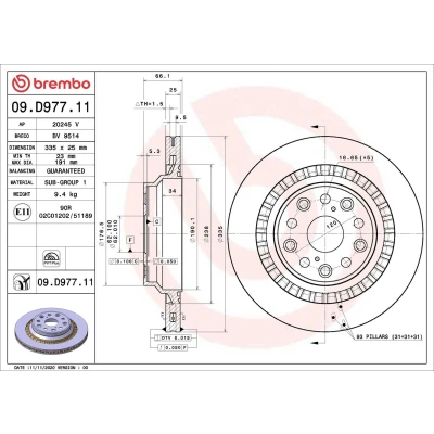 Kuva BREMBO 09.D977.11 Jarrulevyt 335 25 5 tuuletettu sisältä pinnoitettu