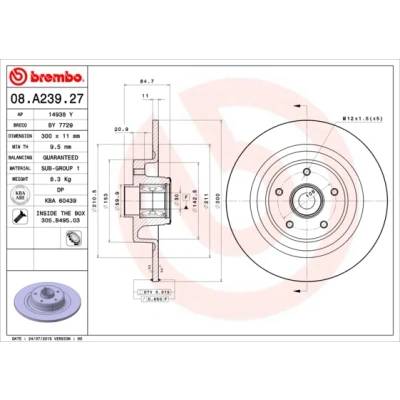 Kuva BREMBO BEARING DISC LINE 08.A239.27 Jarrulevyt 300 11 5 täysi Pyöränlaakersarjalla, ABS sensorirenkaalla RENAULT: ESPACE 4