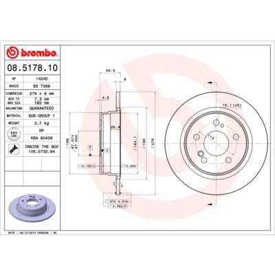 Kuva BREMBO 08.5178.10 Jarrulevyt 278 9 5 täysi Ruuveilla MERCEDES BENZ: W124 Farmari, E sarja T modell, Sedan