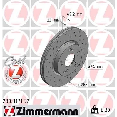 Kuva ZIMMERMANN SPORT COAT Z 280.3171.52 Jarrulevyt 282 23 9/5 5 114 tuuletettu sisältä, reijitetty pinnoitettu HONDA: CIVIC 8 Hatchback, 8, FR V