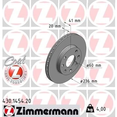 Kuva ZIMMERMANN COAT Z 430.1454.20 Jarrulevyt 236 20 7/4 4 100 tuuletettu sisältä pinnoitettu OPEL: Astra F CC, Kadett E Sedan, Vectra A Sedan