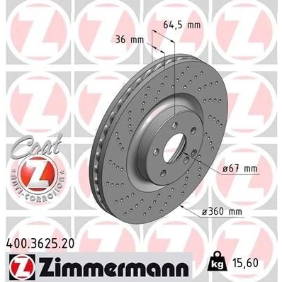 Kuva ZIMMERMANN COAT Z 400.3625.20 Jarrulevyt 360 36 6/5 5 112 tuuletettu sisältä, reijitetty pinnoitettu MERCEDES BENZ: CLS Coupe, E sarja Sedan