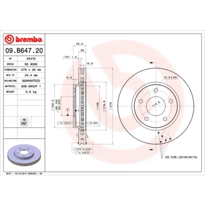 Kuva BREMBO COATED DISC LINE 09.B647.21 Jarrulevyt 276 26 5 tuuletettu sisältä pinnoitettu DODGE: Caliber