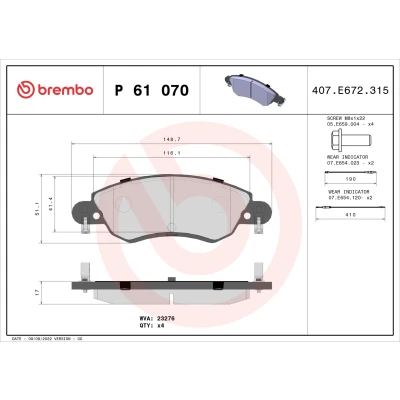 Kuva BREMBO P 61 070 Jarrupalat Sis. kulumisenilmaisimen Jarrusatulan ruuveilla Ilman tarvikkeita CITROËN: C5 II Hatchback, I Hatchback