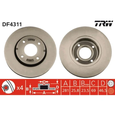 Kuva TRW DF4311 Jarrulevyt 281 25,8 4 114,3 Tuuletettu Lakattu MITSUBISHI: Colt 6, VI CZC Cabriolet, SMART: Forfour I