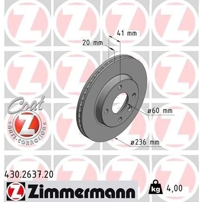 Kuva ZIMMERMANN COAT Z 430.2637.20 Jarrulevyt 236 20 5/4 4 100 tuuletettu sisältä pinnoitettu OPEL: Karl