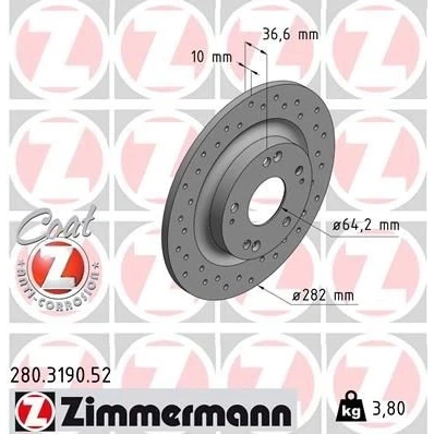 Kuva ZIMMERMANN 280.3190.52 Jarrulevyt 282 10 9/5 5 114 täysi, reijitetty pinnoitettu HONDA: CIVIC 10, Stufenheck