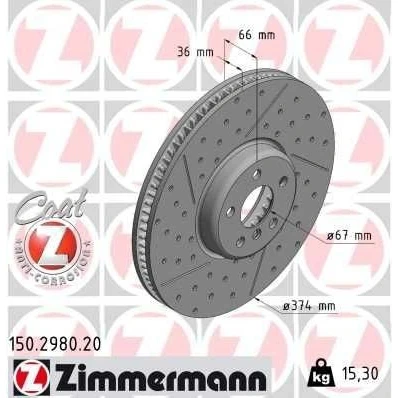 Kuva ZIMMERMANN 150.2980.20 Jarrulevyt 374 36 6/5 5 112 tuuletettu sisältä, upotettu, lovella pinnoitettu hiiliteräs BMW: 3 Sedan, Touring