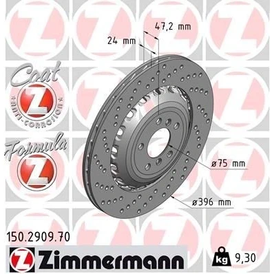 Kuva ZIMMERMANN FORMULA Z COAT 150.2909.70 Jarrulevyt 396 24 7/5 5 120 Tuuletettu, reijitetty, kaksiosainen jarrulevy pinnoitettu Seostettu / hiilletty