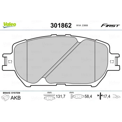 Kuva VALEO 301862 Jarrupalat FIRST Etuakseli ilman kulumisenilmaisinta huudonvaimennuspeltiä TOYOTA: Camry VI Sedan, V Sedan
